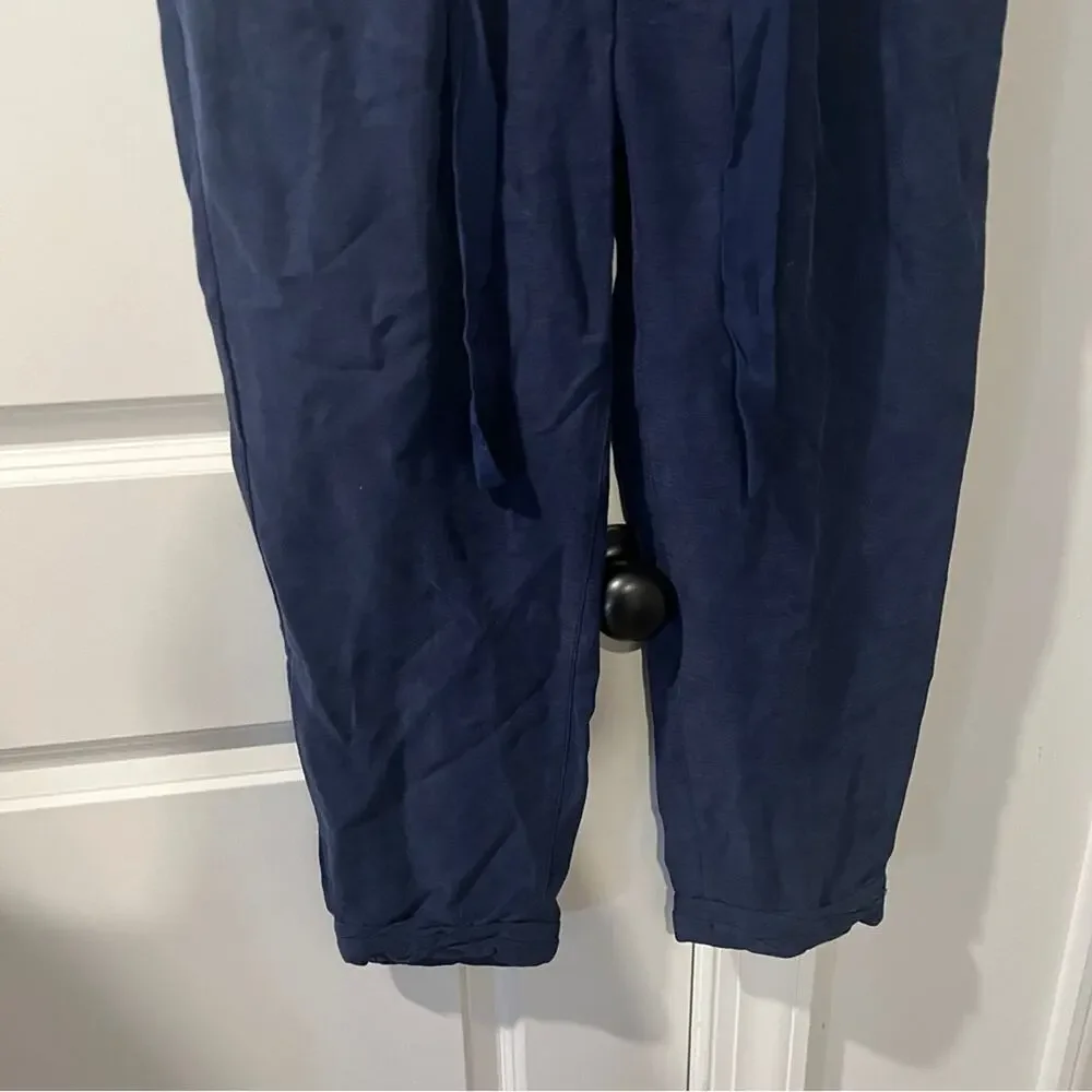 $148 Aritzia Wilfred 4 Linen Blend Button Fly Navy blue crop pants